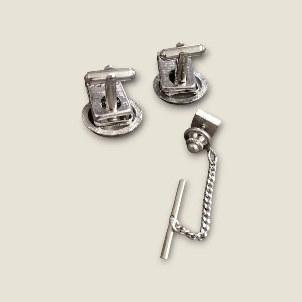 Vintage Silver Cuff Links & Tie Tack Set With Blue Rhinestones